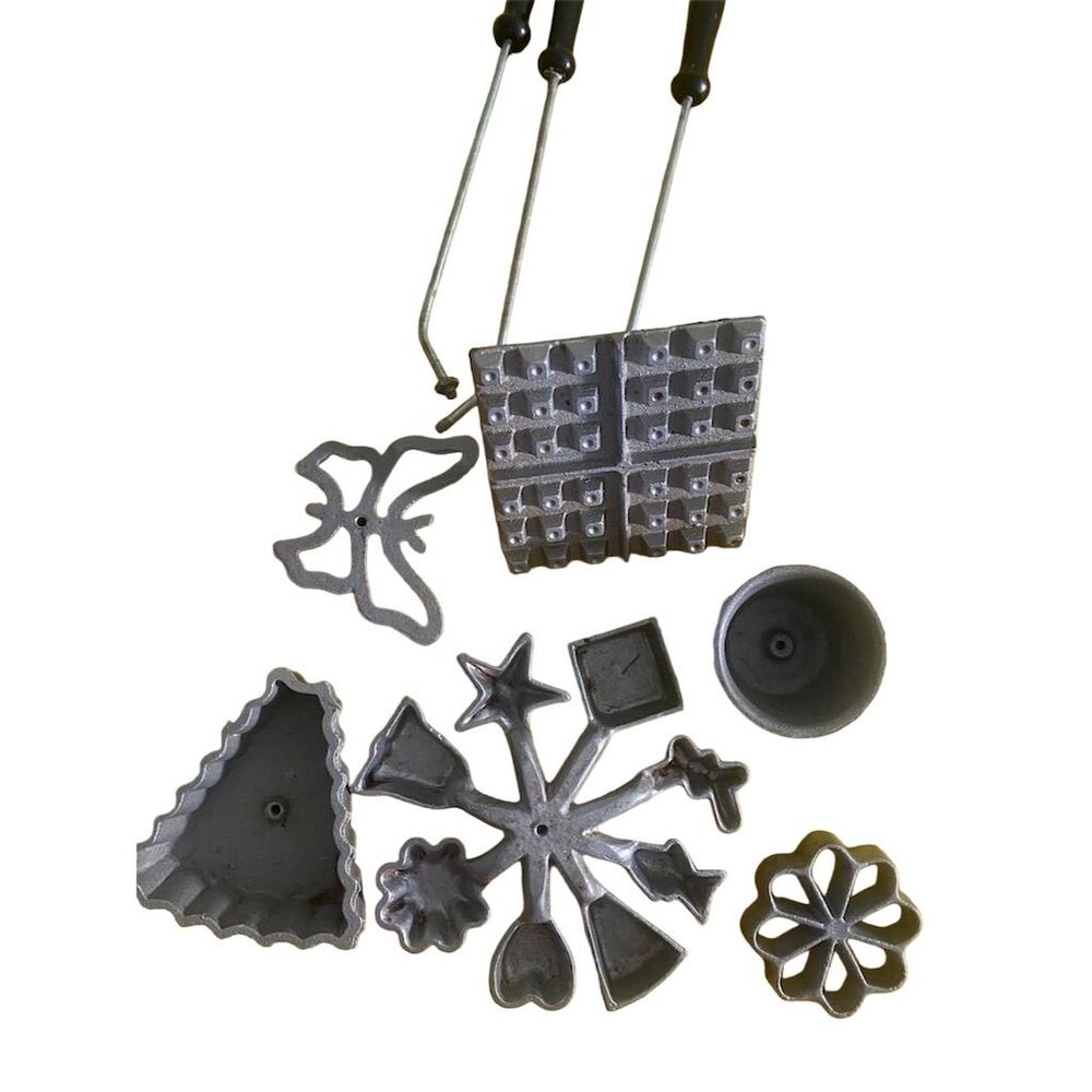 Vintage Sefama Aluminum Waffle Iron & Rosette Mold Set - Hand Waffle Maker
